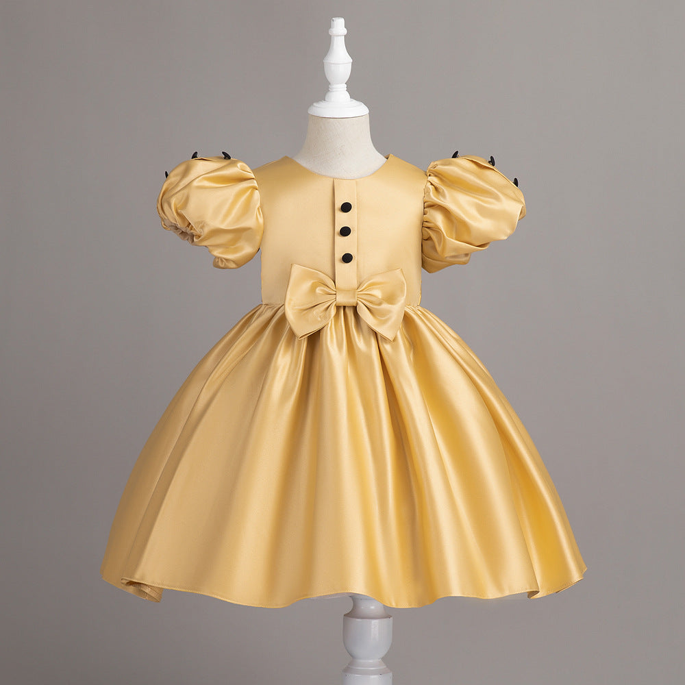 Puff Sleeve Bow Satin Princess Dress