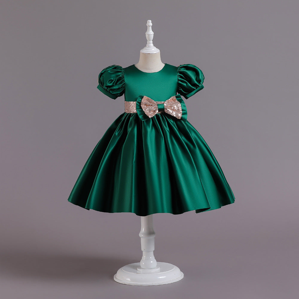 Puff Sleeve Bow Satin Princess Dress