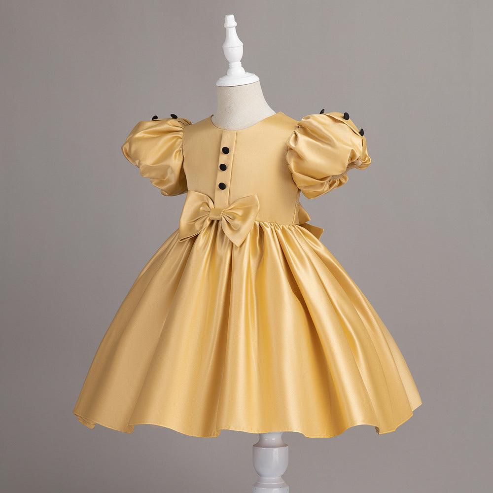 Puff Sleeve Bow Satin Princess Dress