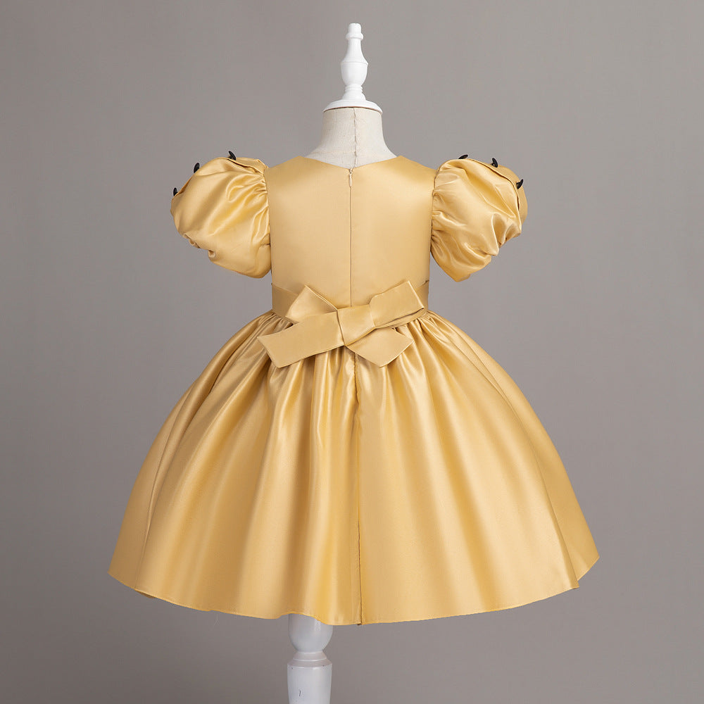 Puff Sleeve Bow Satin Princess Dress