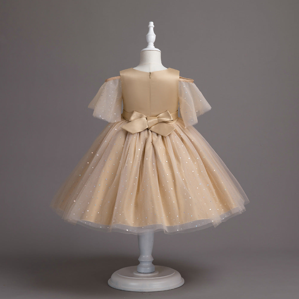 Half Sleeve Princess Pompom Skirt Dress