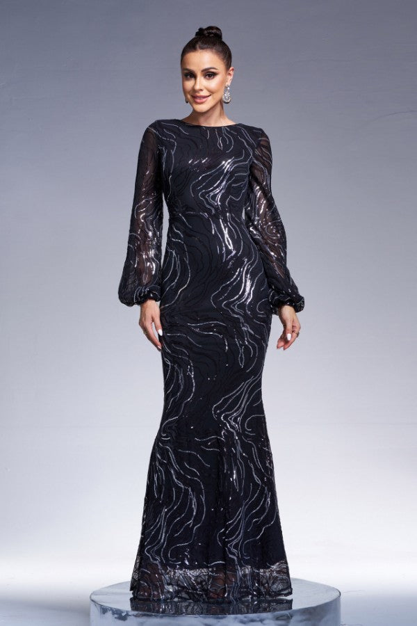 Long Sleeve Elegant Round Neck Sexy Sequined Evening Dress