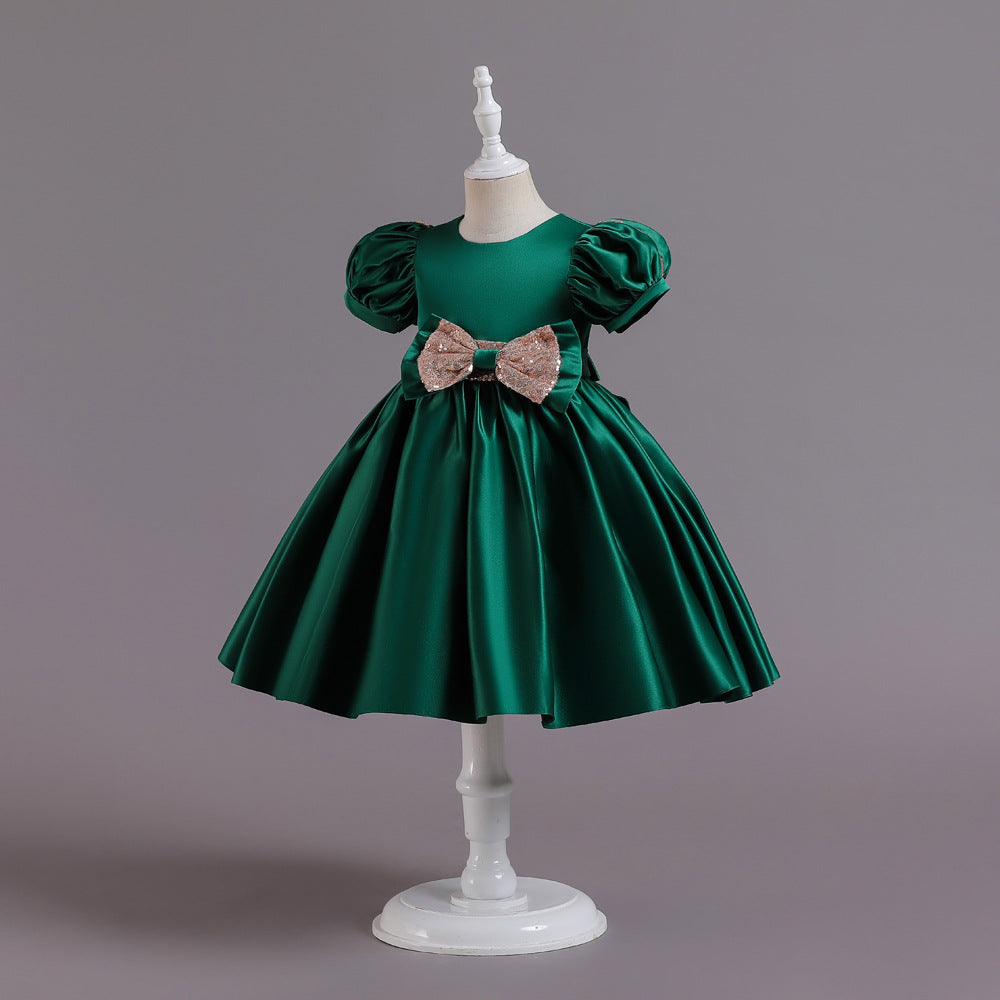 Puff Sleeve Bow Satin Princess Dress