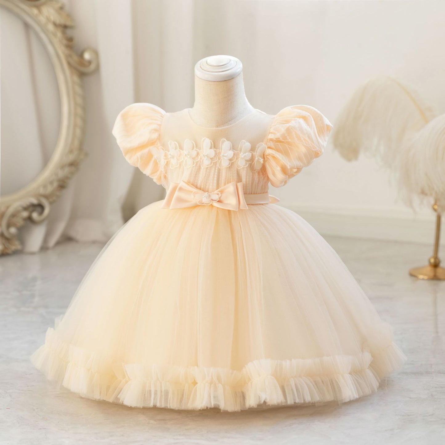 Bow Bubble Sleeve Puffy Dress