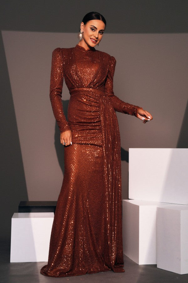 Long Sleeve Elegant Round Neck Sexy Sequined Evening Dress