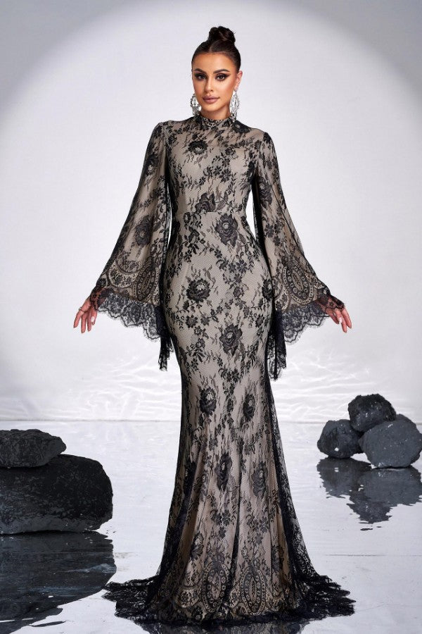 Long Sleeve Elegant Round Neck Lace Evening Dress