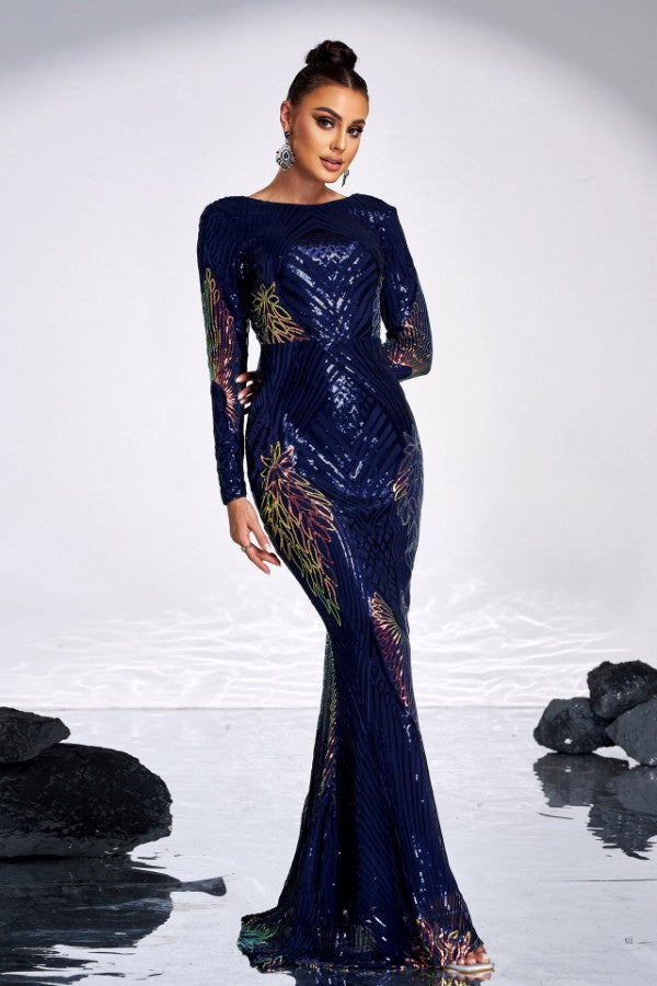 Long Sleeve Elegant Round Neck Sexy Sequined Evening Dress