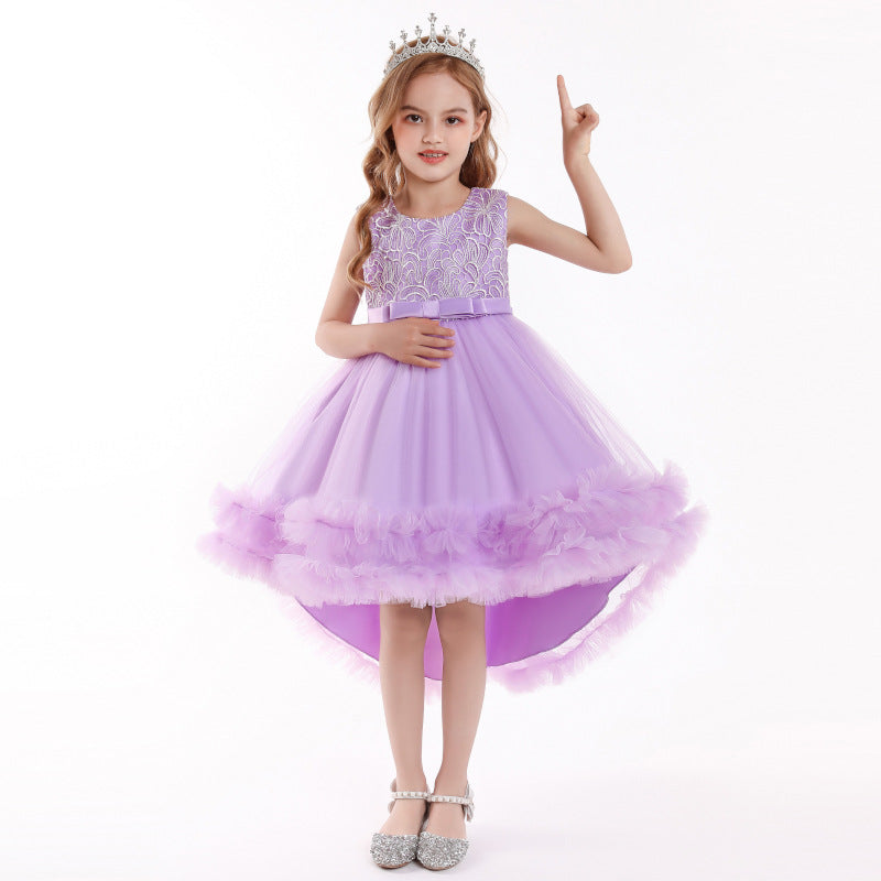 Lace Princess Dress with Train Pompom Skirt