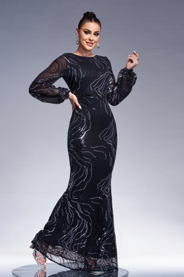 Long Sleeve Elegant Round Neck Sexy Sequined Evening Dress