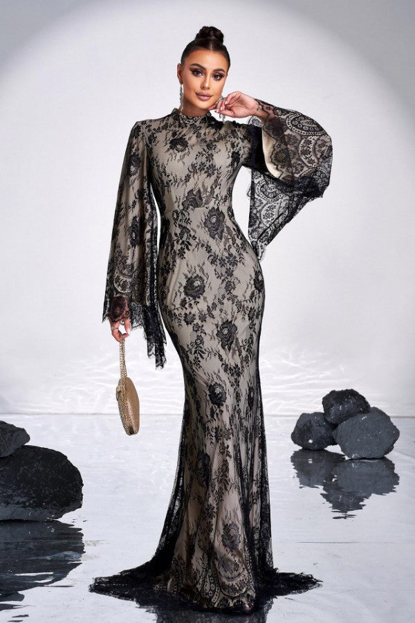 Long Sleeve Elegant Round Neck Lace Evening Dress