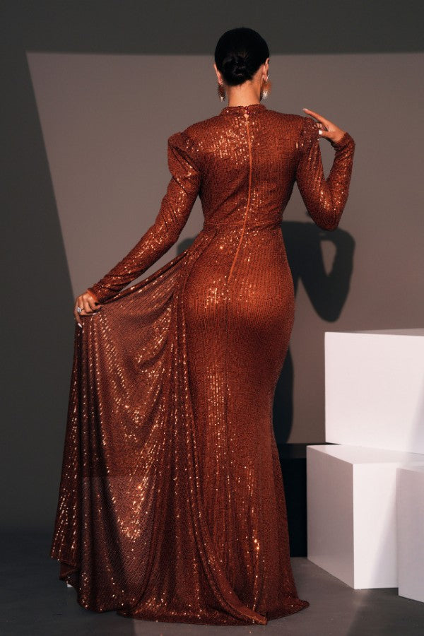 Long Sleeve Elegant Round Neck Sexy Sequined Evening Dress