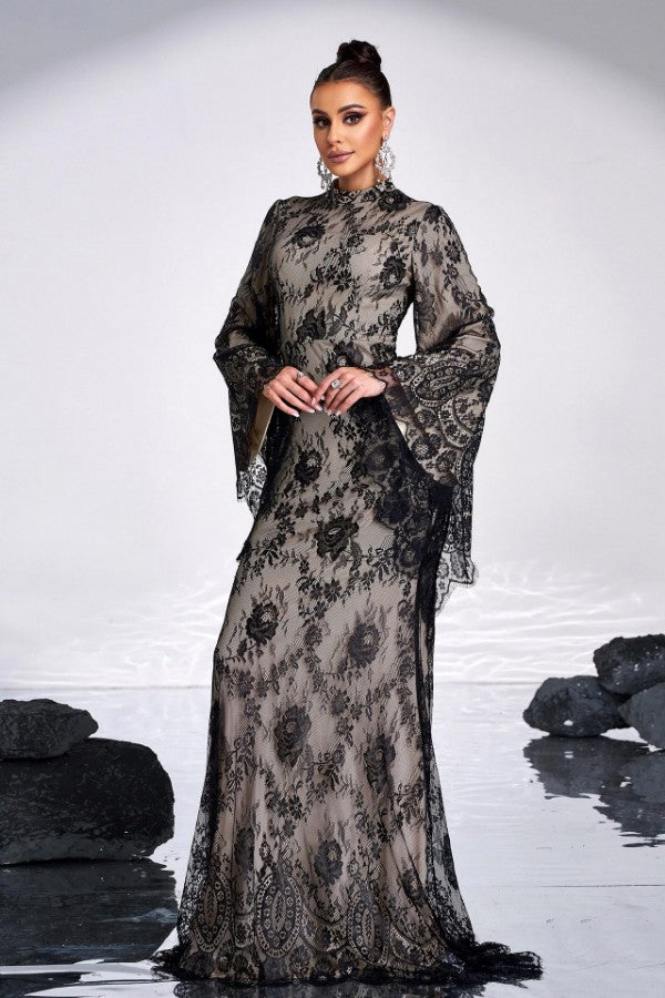 Long Sleeve Elegant Round Neck Lace Evening Dress