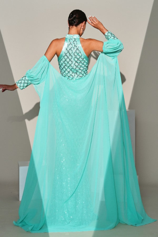 Elegant Round Neck Off-Shoulder Long Sequined Evening Dress