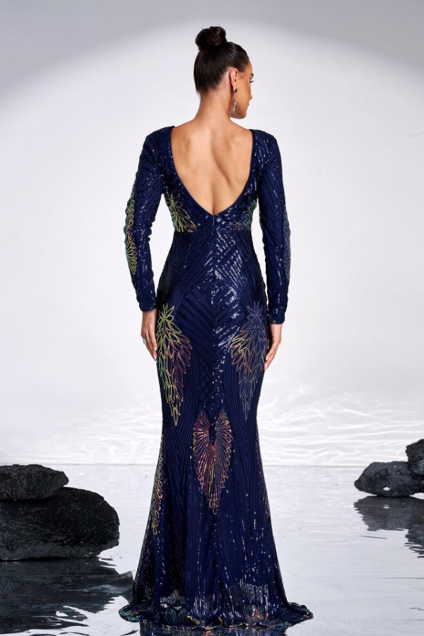 Long Sleeve Elegant Round Neck Sexy Sequined Evening Dress