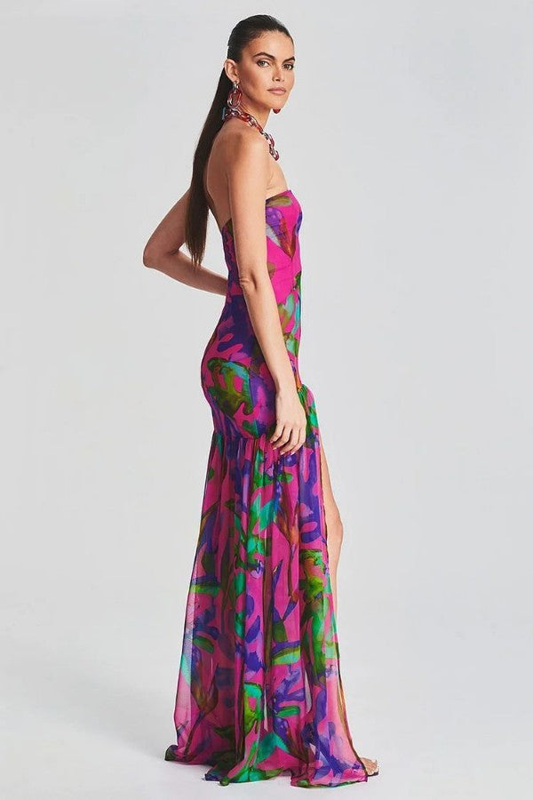 Sexy Backless Strapless Long Dress with Colorful Print