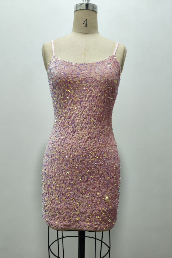 Shiny Velvet Sequin Bodycon Dress Short Pom Pom Strap Dress