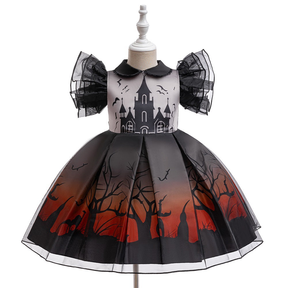 Castle Bat Print Princess Dress Cosplay Role Play Party Gown