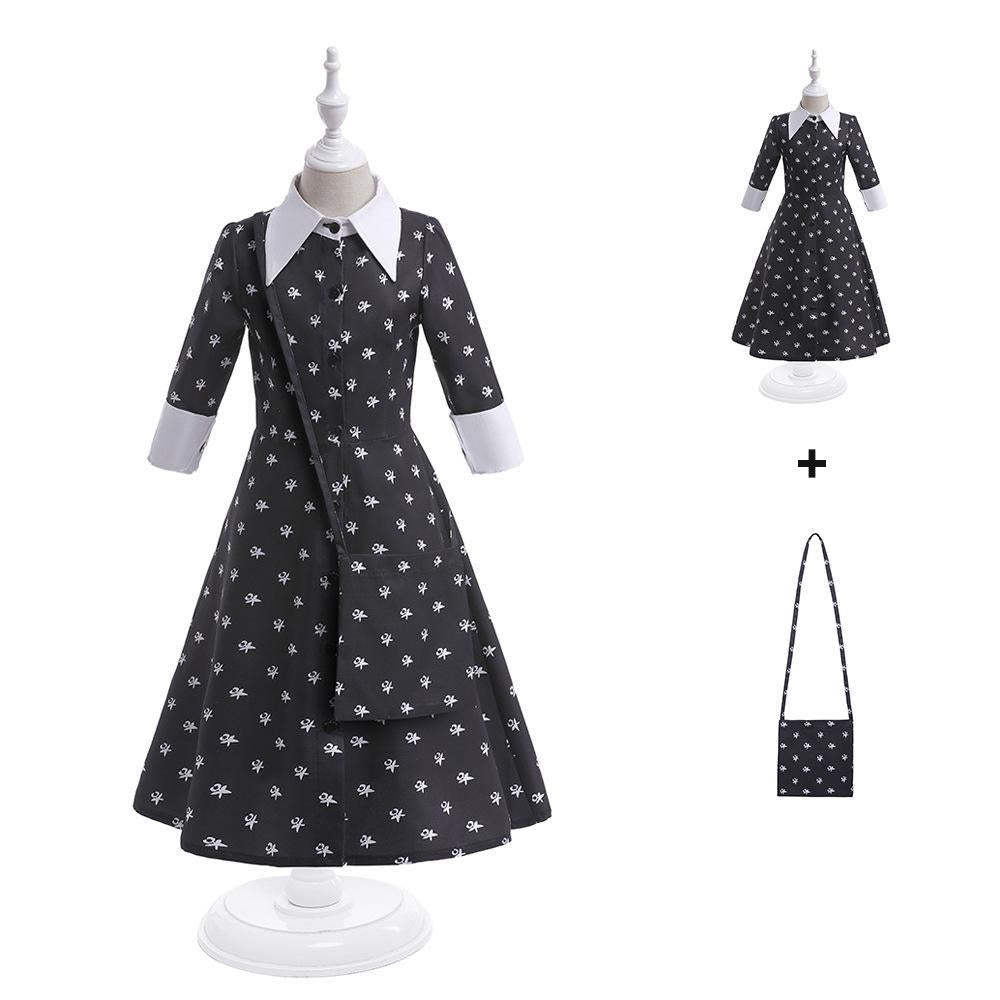 Black Printed Children's Dress with Backpack