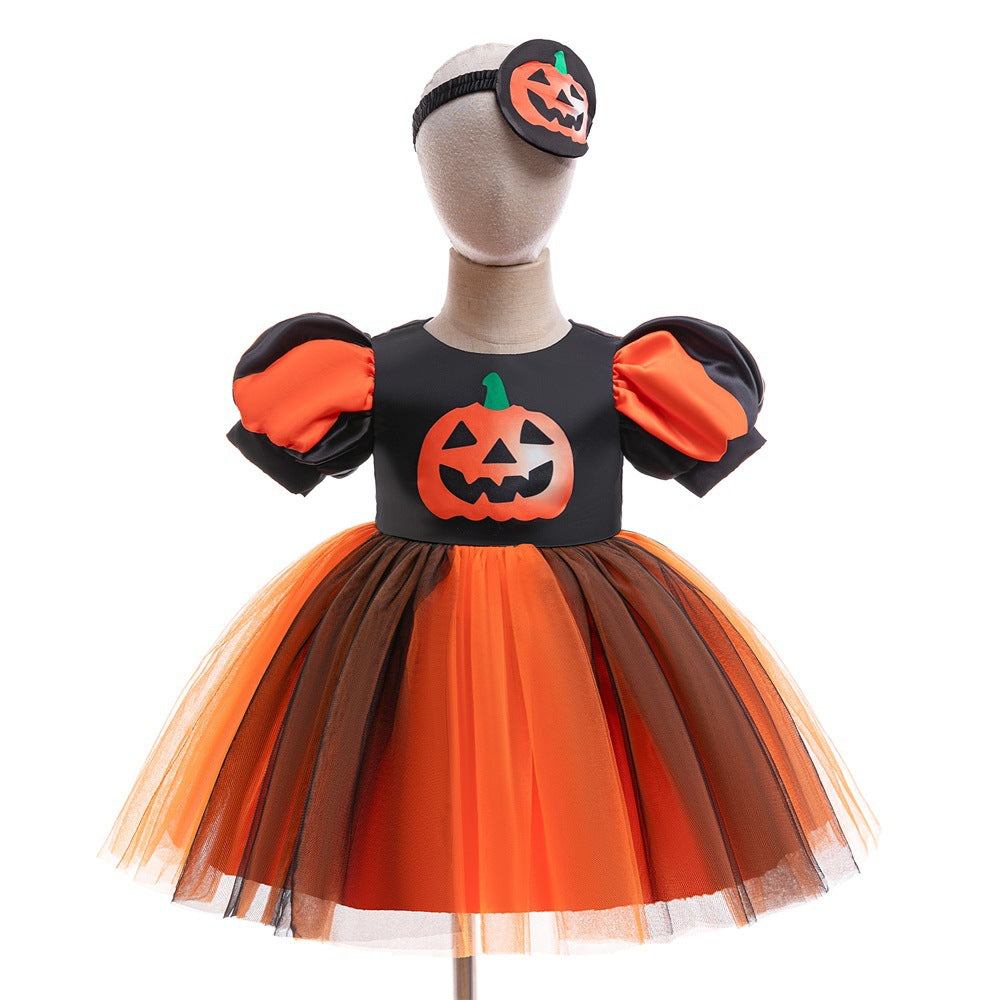 Halloween Performance Dress Puff Sleeve Ghost Pumpkin Black-Orange Mesh Skirt Party Gown