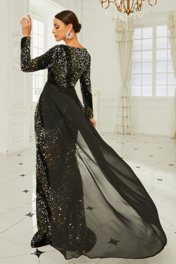 Long Sleeve Elegant V-Neck Sexy Sequined Evening Dress