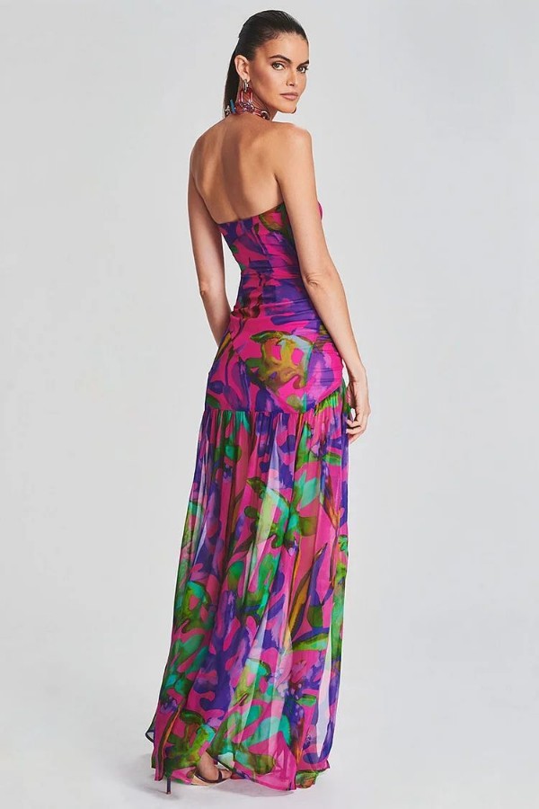 Sexy Backless Strapless Long Dress with Colorful Print