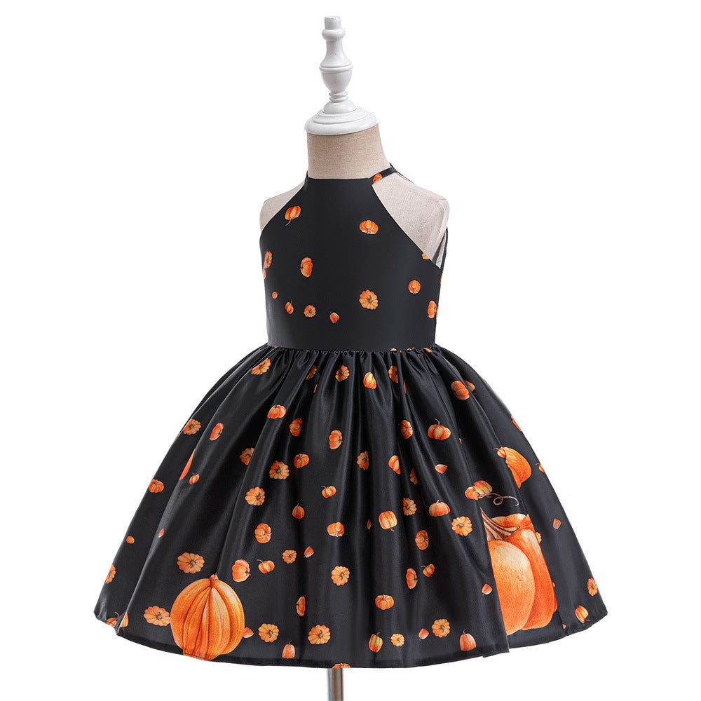 Halloween Kids’ Gown Girls Cartoon Witch Pumpkin Ghost Skeleton Print Cosplay Party Holiday Outfit