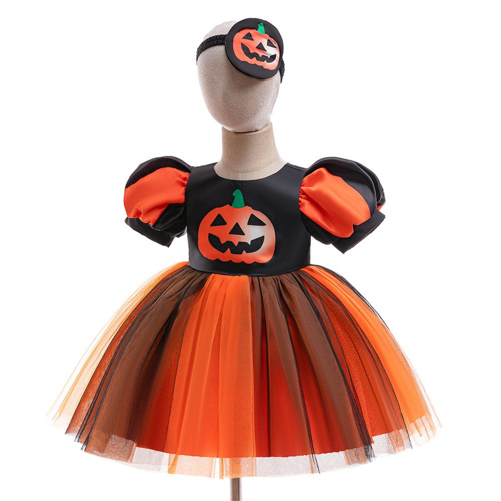 Halloween Performance Dress Puff Sleeve Ghost Pumpkin Black-Orange Mesh Skirt Party Gown