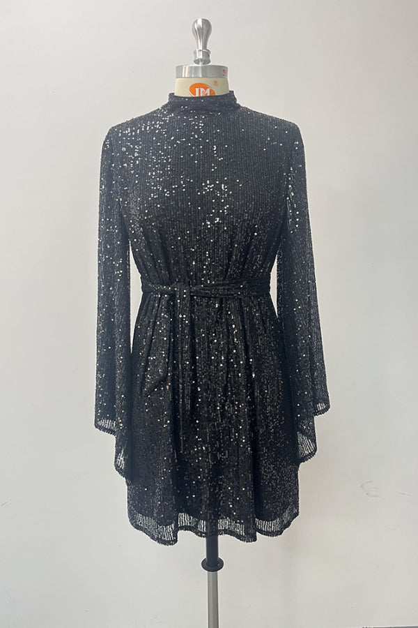 Belted Half High Neck Flared Sleeve Mini Sequin Black Cocktail Dress