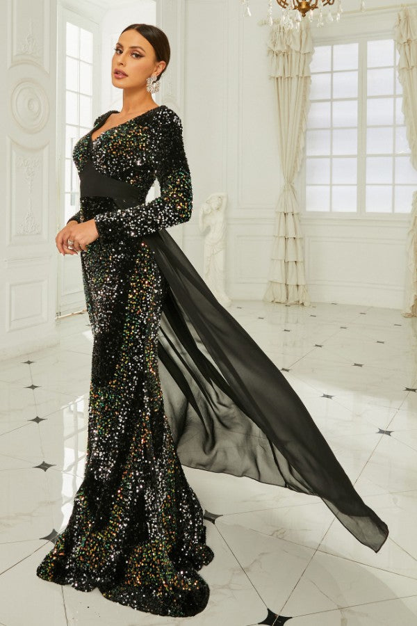 Long Sleeve Elegant V-Neck Sexy Sequined Evening Dress