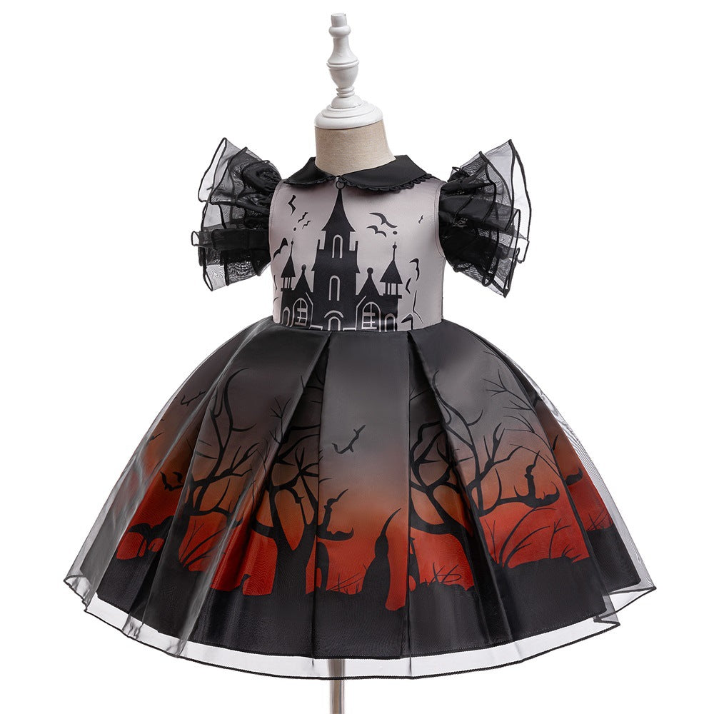 Castle Bat Print Princess Dress Cosplay Role Play Party Gown