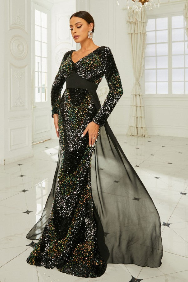 Long Sleeve Elegant V-Neck Sexy Sequined Evening Dress