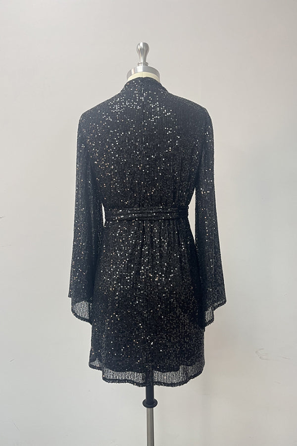 Belted Half High Neck Flared Sleeve Mini Sequin Black Cocktail Dress