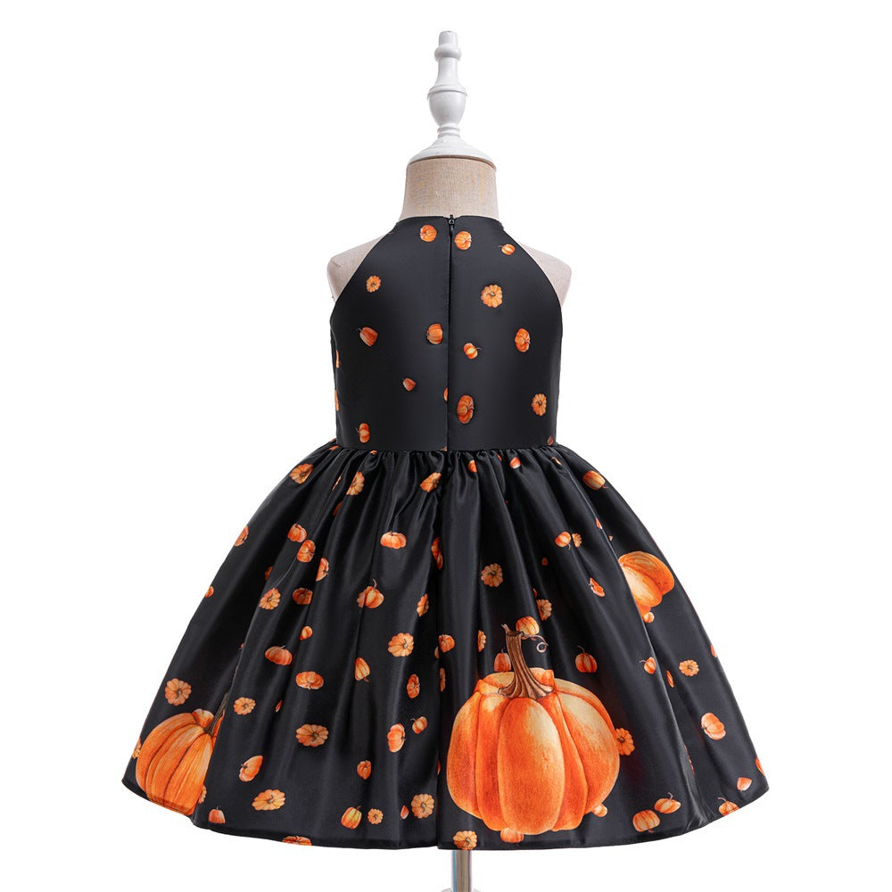 Halloween Kids’ Gown Girls Cartoon Witch Pumpkin Ghost Skeleton Print Cosplay Party Holiday Outfit