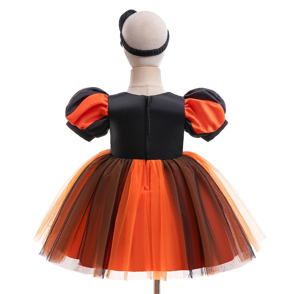 Halloween Performance Dress Puff Sleeve Ghost Pumpkin Black-Orange Mesh Skirt Party Gown