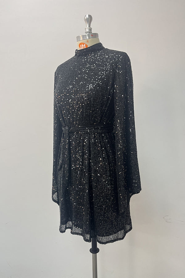 Belted Half High Neck Flared Sleeve Mini Sequin Black Cocktail Dress