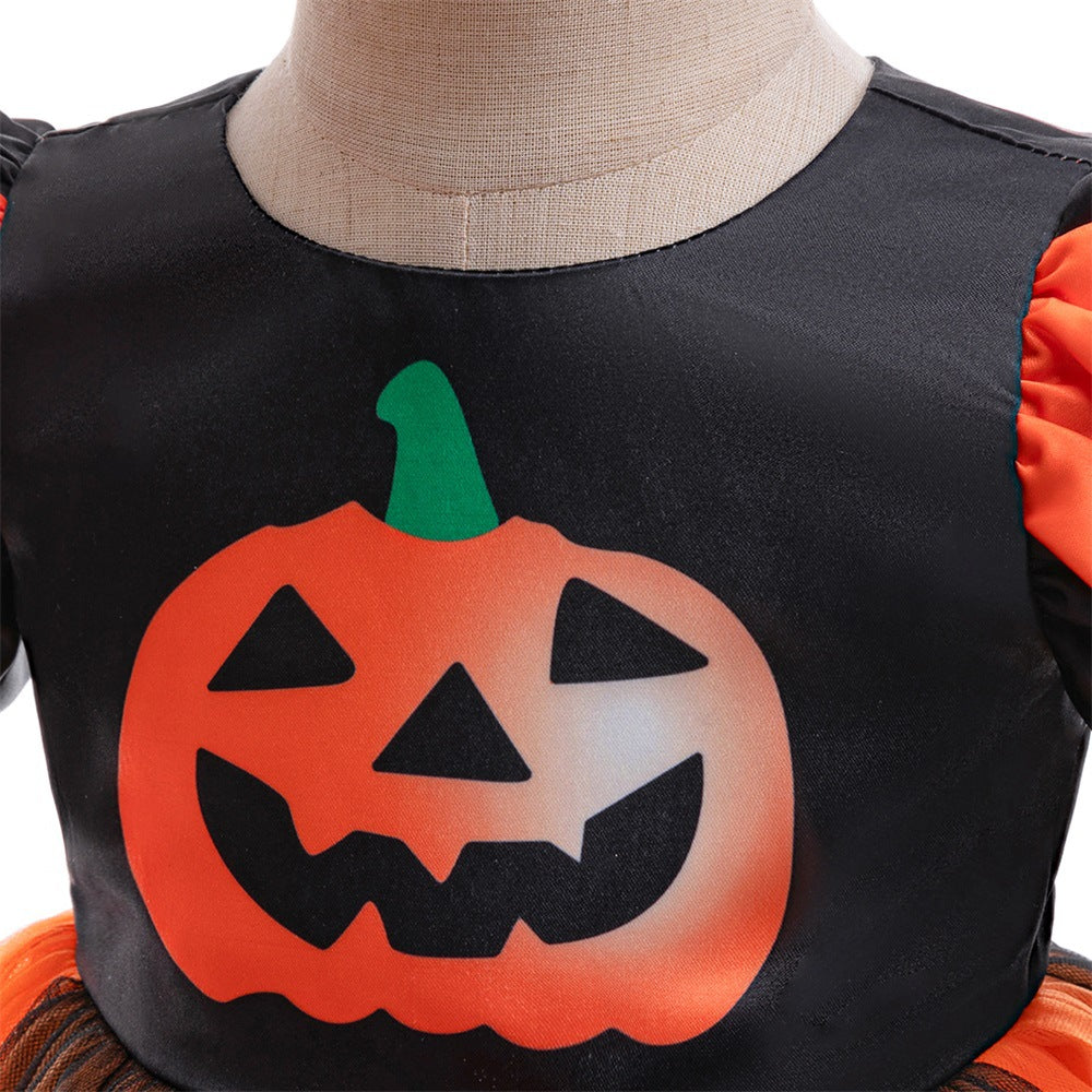 Halloween Performance Dress Puff Sleeve Ghost Pumpkin Black-Orange Mesh Skirt Party Gown