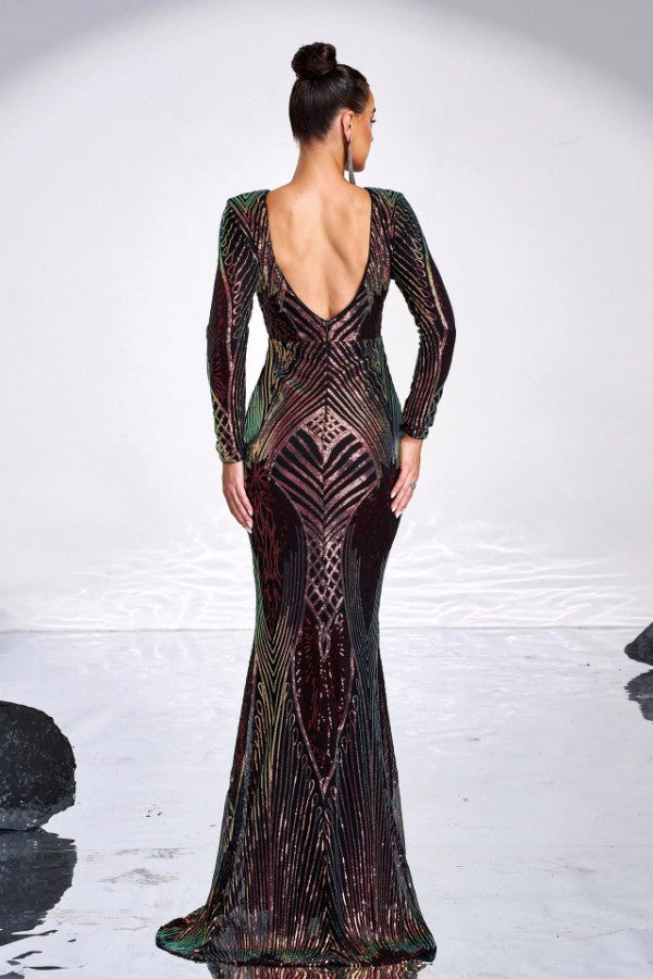 Long Sleeve Elegant Round Neck Sexy Sequined Evening Dress