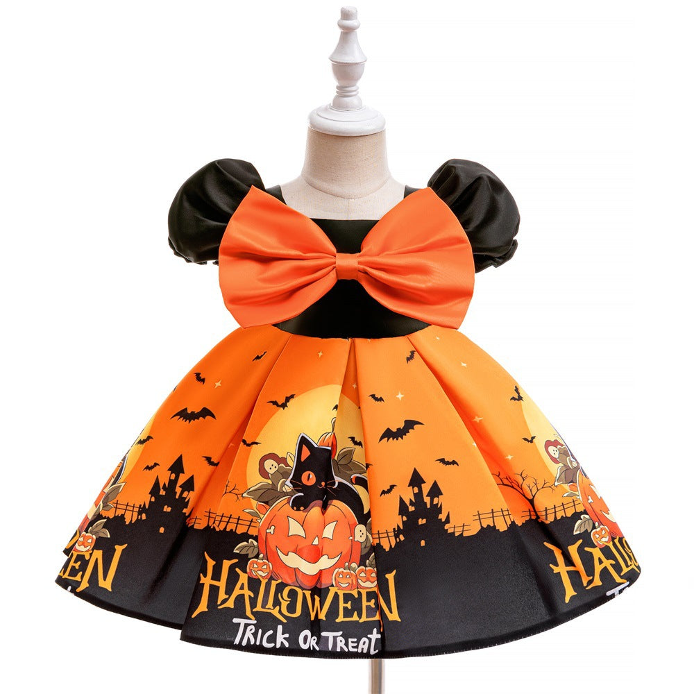 Halloween New Kids’ Gown Satin Print Dress