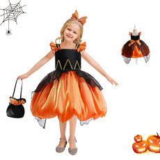 Halloween Pumpkin Fairy Cosplay Performance Outfit with Puff Sleeves Kids’ Princess Dress