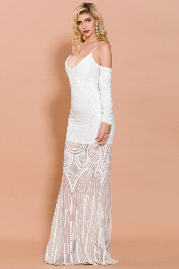 White One-Shoulder Spaghetti Strap Bodycon Sequined Dress