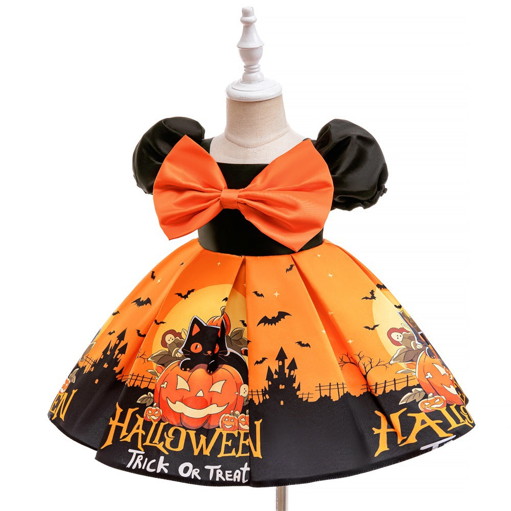 Halloween New Kids’ Gown Satin Print Dress