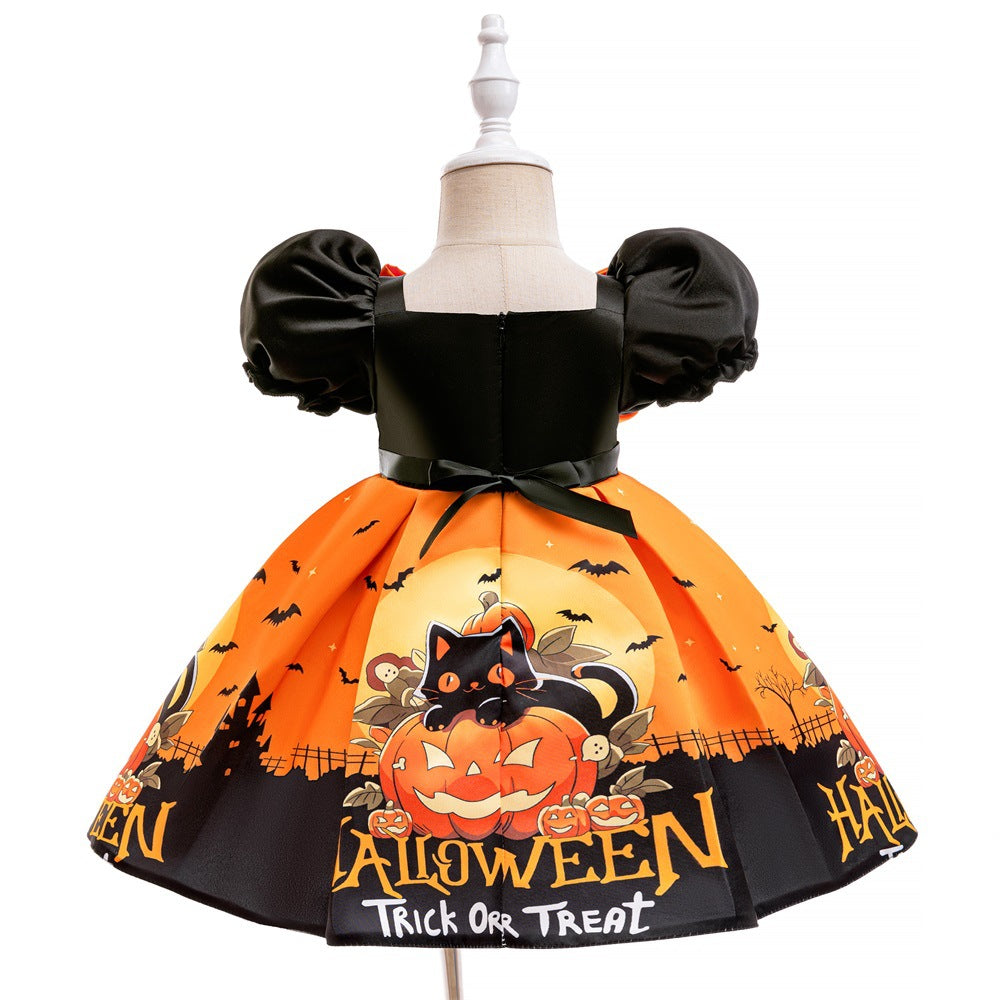 Halloween New Kids’ Gown Satin Print Dress