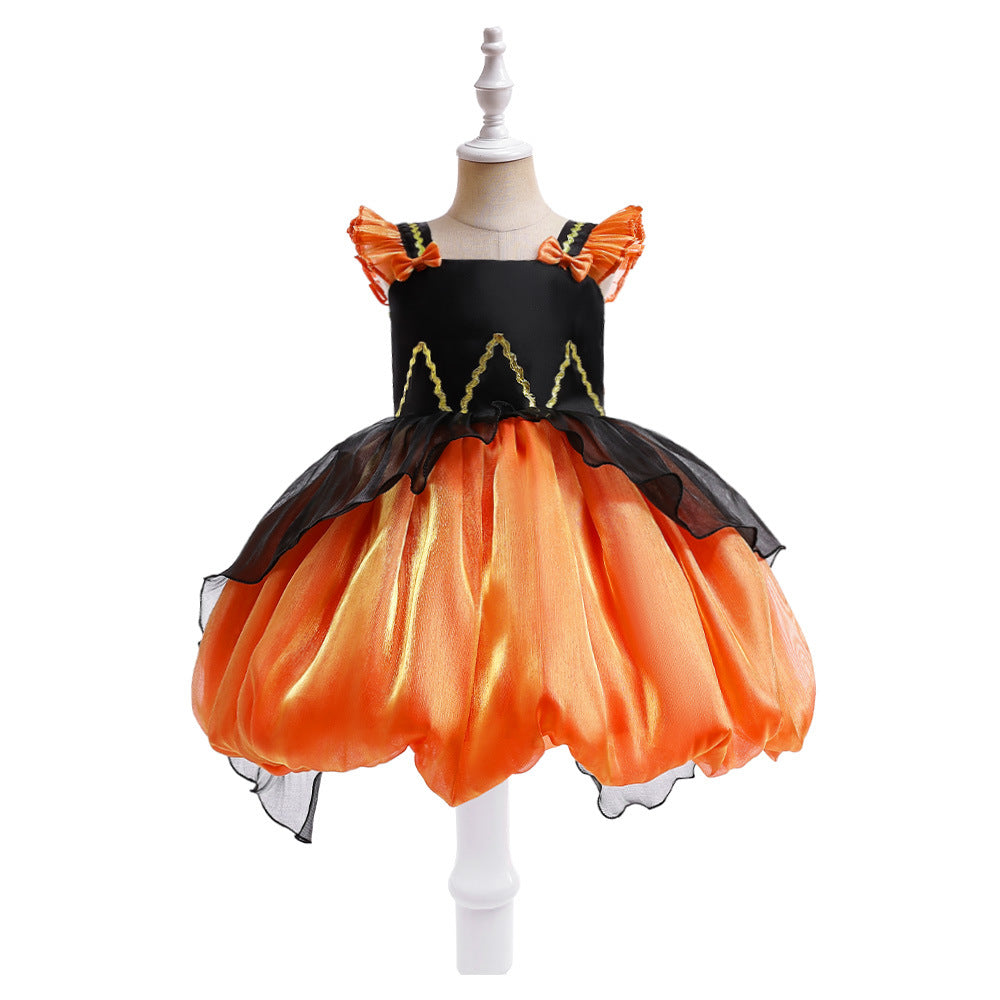 Halloween Pumpkin Fairy Cosplay Performance Outfit with Puff Sleeves Kids’ Princess Dress