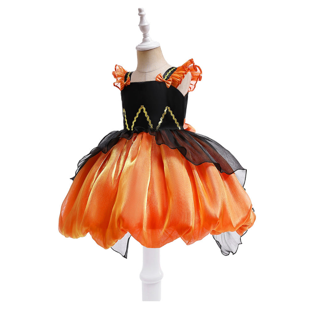 Halloween Pumpkin Fairy Cosplay Performance Outfit with Puff Sleeves Kids’ Princess Dress