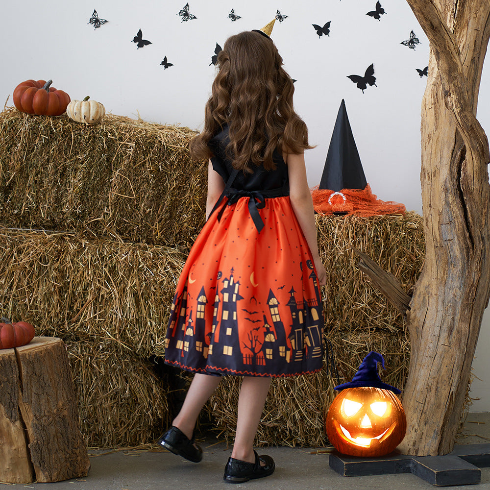 Halloween Kids’ Gown Little Girls’ Primitive Dress with Bag Print Performance Princess Dress