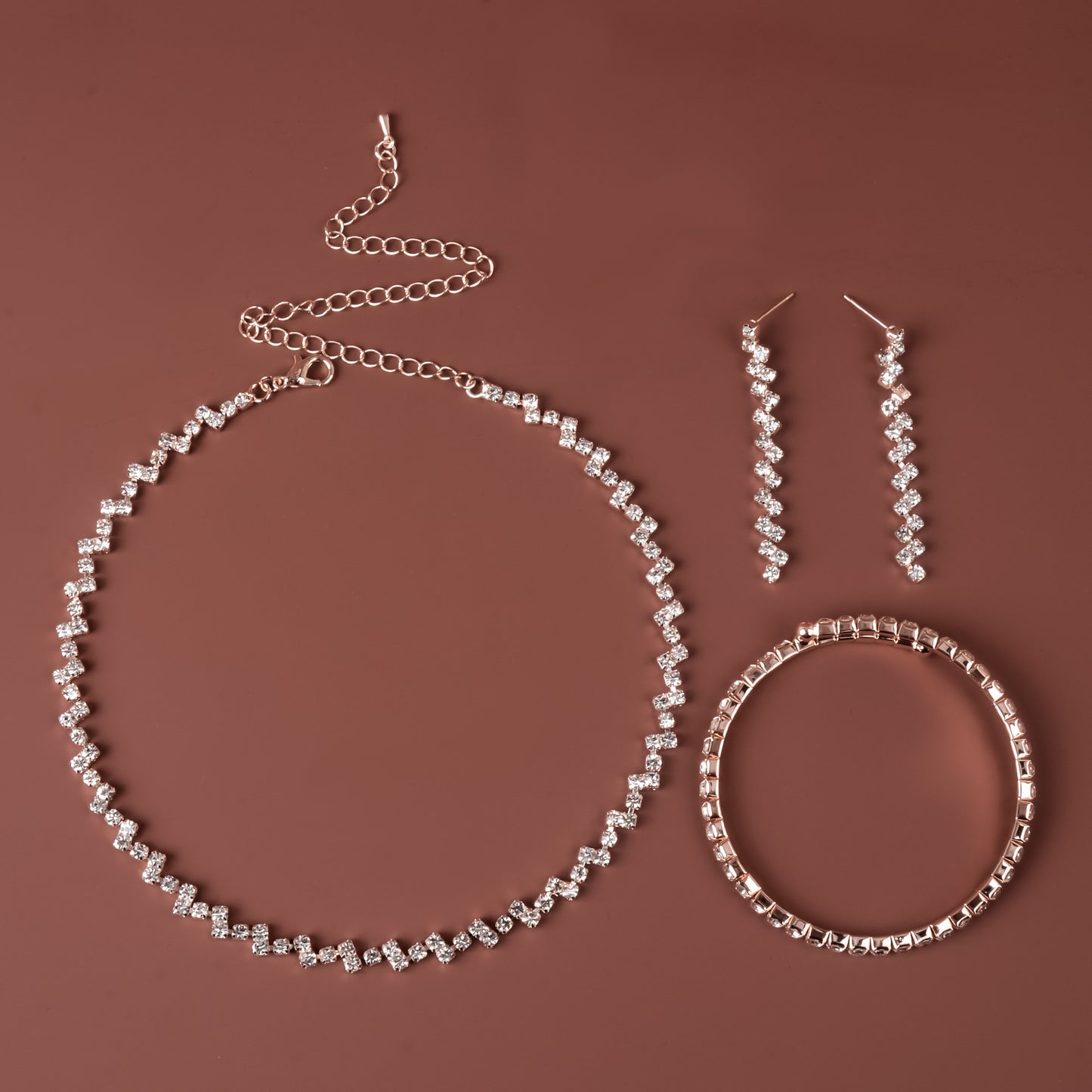 Minimalist Rhinestone Necklace Bracelet Earrings Set