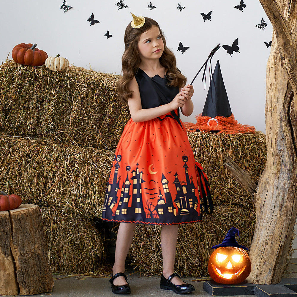 Halloween Kids’ Gown Little Girls’ Primitive Dress with Bag Print Performance Princess Dress