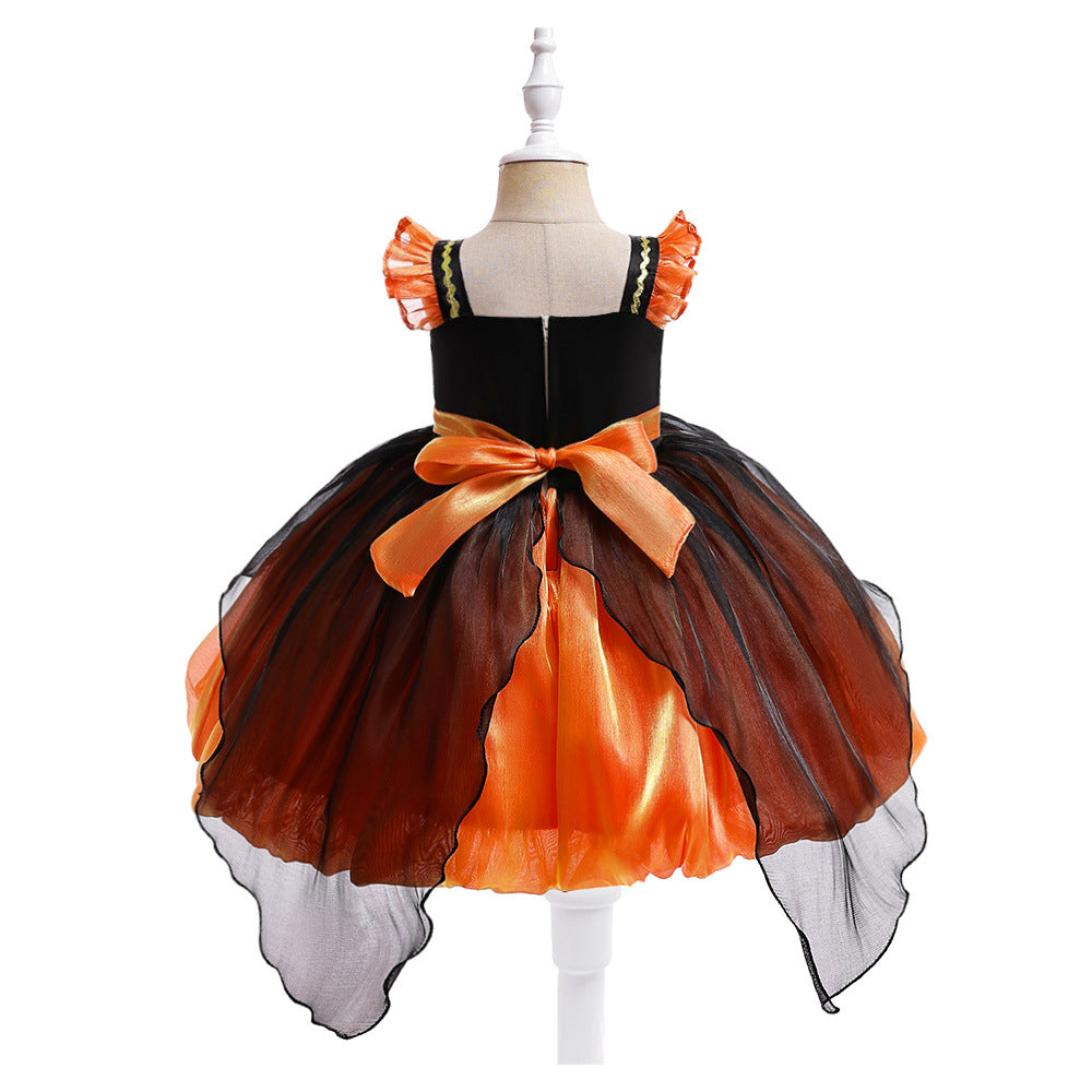 Halloween Pumpkin Fairy Cosplay Performance Outfit with Puff Sleeves Kids’ Princess Dress