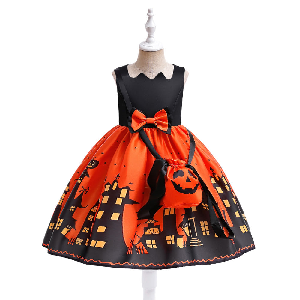 Halloween Kids’ Gown Little Girls’ Primitive Dress with Bag Print Performance Princess Dress