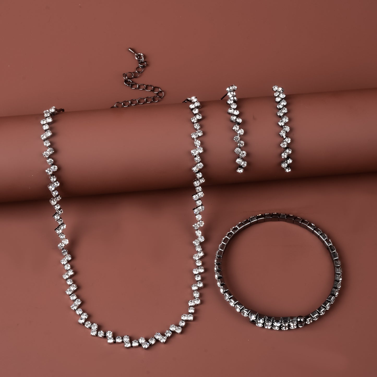 Minimalist Rhinestone Necklace Bracelet Earrings Set